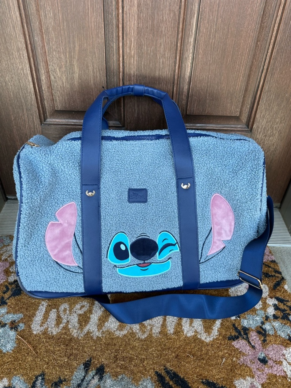 Disney RARE Blue Stitch Sherpa Weekend Bag with wheels and tow handle!